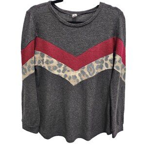 CY Womens Animal Print Colorblock Tunic Top Large Gray Brushed Long Sleeve BOHO